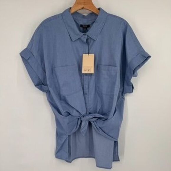 NYDJ Womens Blue chambray Short Sleeve Tie-Front camp shirt Blouse size 1X new - Picture 5 of 12